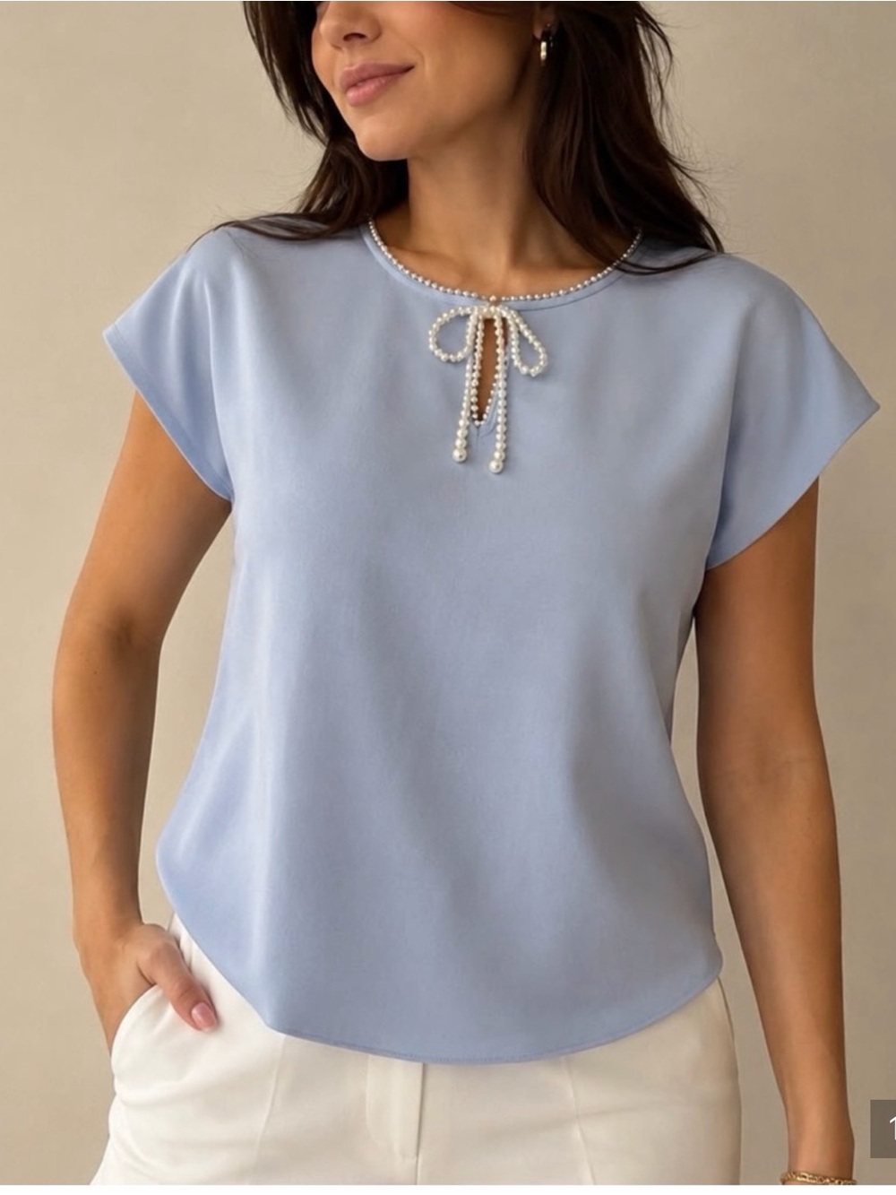 Cable & Gauge Light Blue Pearl-Trim Cap Sleeve Blouse